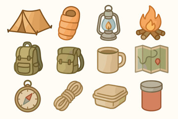 Outdoor camping essentials: tent, backpack, sleeping bag, lantern, and more icons