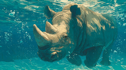 Rhino Swimming in the Water. Generative AI