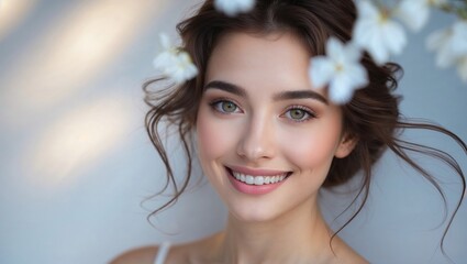 Captivating young woman with delicate white flowers in her hair, radiant with natural beauty, a warm smile, and gentle eyes
