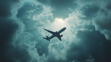 Travel insurance strategies concept. Silhouette of airplane flying through cloudy skies, evoking travel dreams