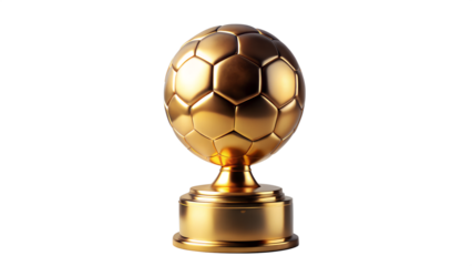 A gleaming golden soccer trophy, symbolizing ultimate victory and achievement in the sport, presented on a clean transparent background