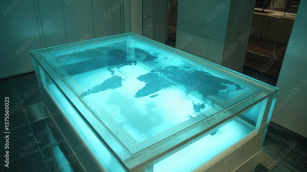 Poster illuminated acrylic display case with a world map.
