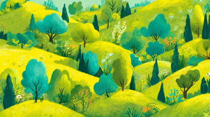 Painting of Meadows and Trees Landscape. Generative AI