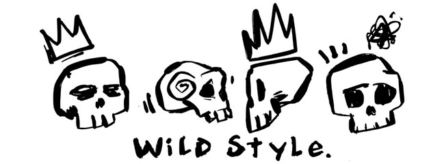 Set of graffiti skulls with crown and bold tags like “WILD STYLE”. Hand-drawn black vector with raw street art energy.