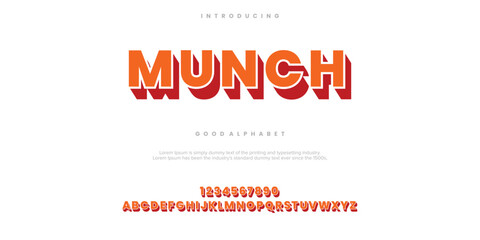 Munch Vector advertising banner Classic Cuisine. Modern 3D Font. Bright Alphabet Letters and Numbers set.
