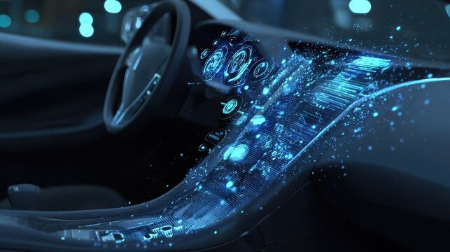 Futuristic car interior with holographic dashboard. - Powered by Adobe