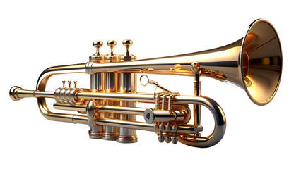 Naklejka premium A gleaming gold brass trumpet, a classic musical instrument, captured in a studio shot isolated on a clean transparent background