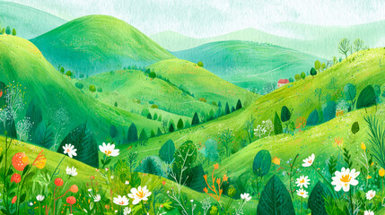 Landscape with Green Grass and Mountains. Drawing of Nature. Generative AI