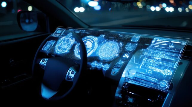 Futuristic car dashboard with holographic displays.