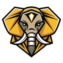 Geometric elephant head featuring bold gold ears and sharp ivory tusks, creating a striking emblem