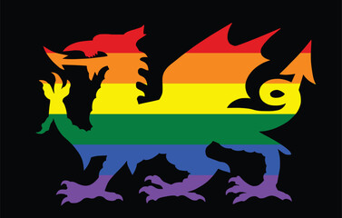LGBT flag Wales dragon vector silhouette illustration isolated. Gay Wales coat of arms dragon symbol seal, national emblem. Banner COA Wales sticker. Wild winged beast. Pride symbol.