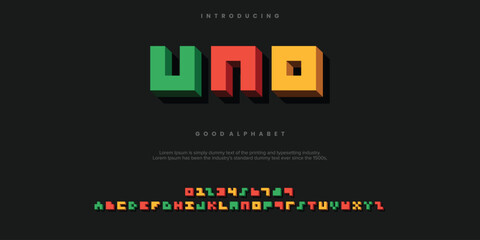 UNO Vector advertising banner Classic Cuisine. Modern 3D Font. Bright Alphabet Letters and Numbers set.
