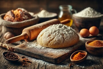  An inviting and rustic atmosphere is created by a still life featuring baking ingredients such as a flour-dusted dough ball on a wooden board