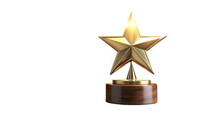 A gleaming golden star trophy with a polished wooden base, symbolizing achievement and success, presented in a studio setting isolated on a transparent background