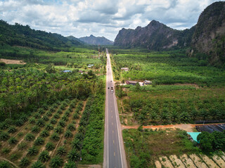 Aerial view of the asphalt road along the tropical forest in countryside