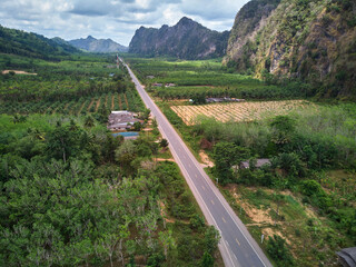 Aerial view of the asphalt road along the tropical forest in countryside