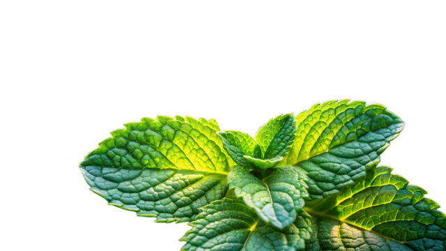 A vibrant sprig of fresh green mint leaves, showcasing intricate vein patterns and a bright, healthy glow, isolated on a clean transparent background