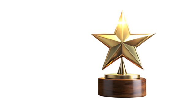 A gleaming golden star trophy with a polished wooden base, symbolizing achievement and success, presented in a studio setting isolated on a transparent background