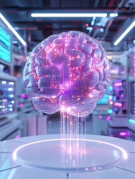 Ultra highdefinition 3D render of a semitransparent human brain integrated with futuristic technology   microchips