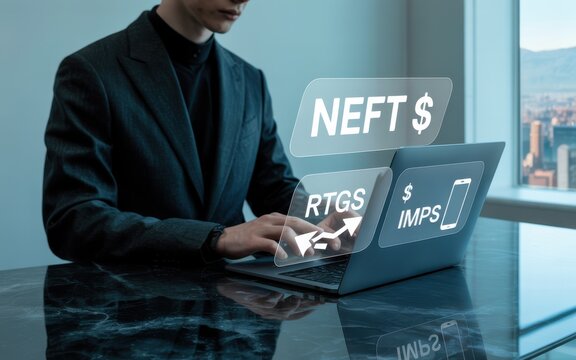 Modern Finance Professional Working with NEFT, RTGS, and IMPS Transactions on Laptop