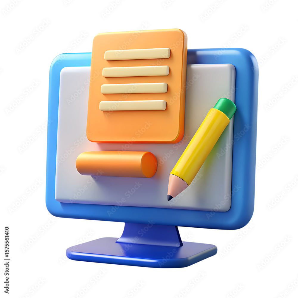 Poster 3d icon of a computer monitor with a pencil is isolated on transparent background