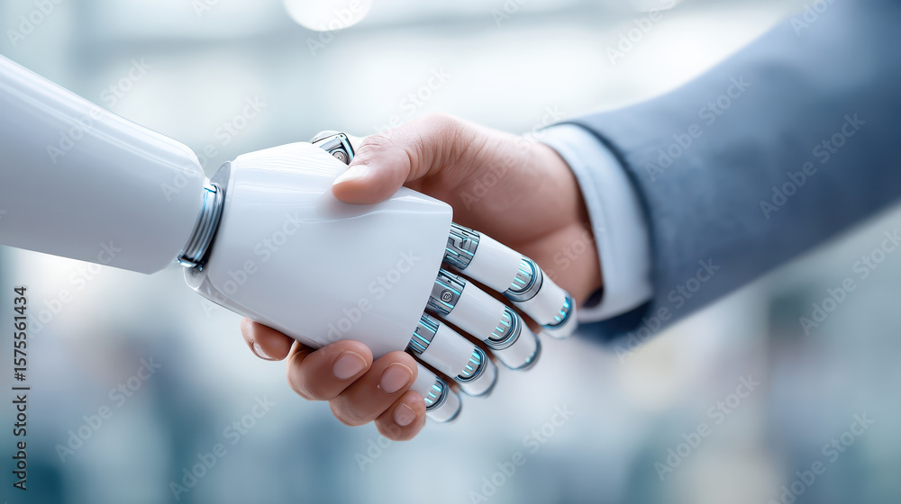 Aufkleber artificial intelligence and technology drive innovation in business as robot and human handshake sym