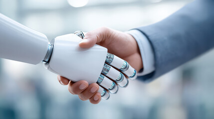 Artificial intelligence and technology drive innovation in business as robot and human handshake symbolizes partnership growth through digital learning and computer network science datum marketing