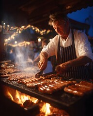 Man grilling bratwurst over open flame at festival stall