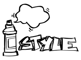 Graffiti tag with spray can and bold “STYLE” text. Urban street art vector with expressive black lines and marker-like strokes on transparent background.