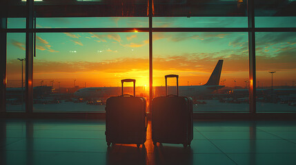 Two suitcases standing in an airport terminal during sunset, symbolizing anticipation