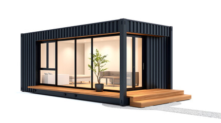 Converted shipping container showing modern tiny house with wooden deck