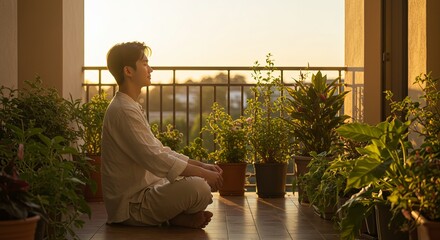 Man Practicing Meditation Surrounded by Balcony Flowers at Golden Hour