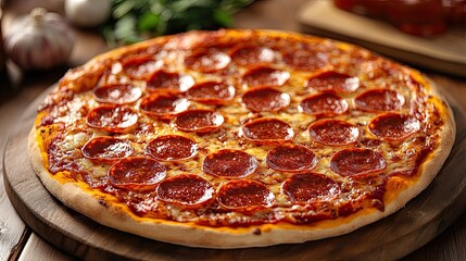Pepperoni pizza served on wooden table, tempting food lovers