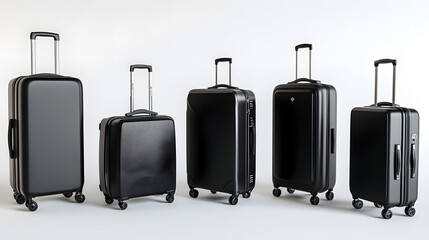 Various Black Suitcases, Different Views, White Background