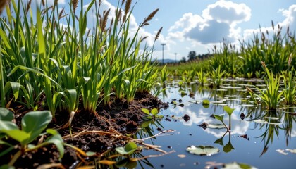 Obraz premium carbon sequestration in wetlands trapping carbon in plant biomass and soil, photorealistic ecosystem showing nature's role in climate regulation.