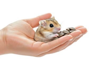 Small brown mouse eating seeds from hand
