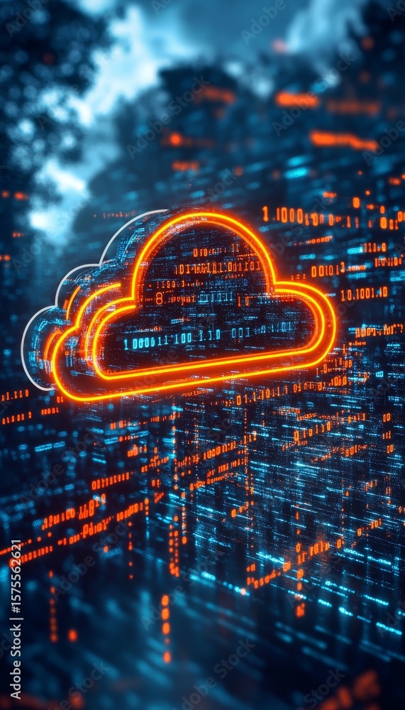 Poster neon cloud computing technology visualization with server racks and network security services