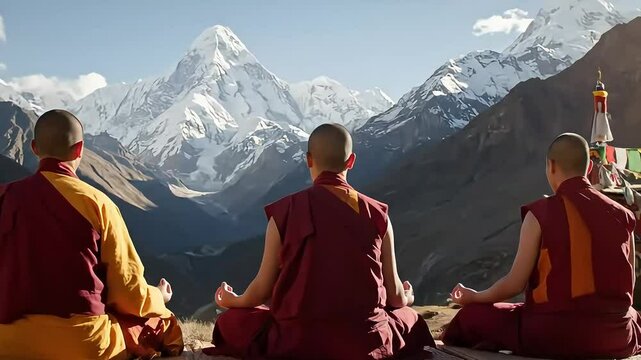 A serene Buddhist monastery with monks meditating in the Himalayan foothills