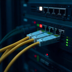 fiber optical cables connected to an optic ports isolated on the white background