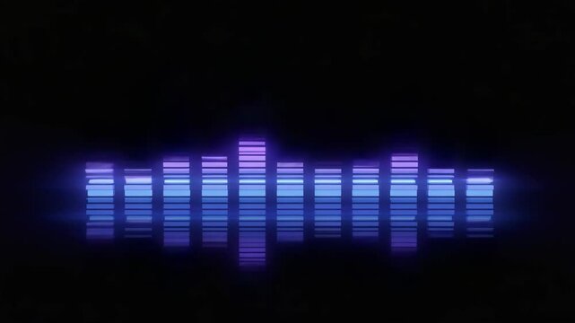 Pulsating equalizer bars in purple and blue tones, animated audio visualizer background with static camera. Ideal for looping music visuals, DJ shows, ambient displays, and VJ content