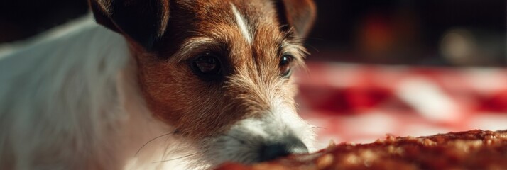 Curious terrier dog gazes at sizzling pepperoni pizza, embodying canine longing during Oktoberfest feasts and National Dog Day celebrations