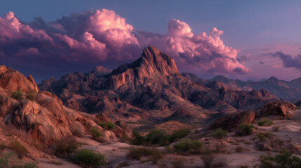 Naklejka premium Beautiful desert mountain landscape and pink color of sky twilight.