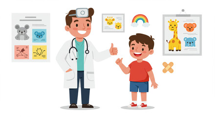 Obraz premium A smiling doctor gives a thumbs up to a happy young boy in a medical office setting.