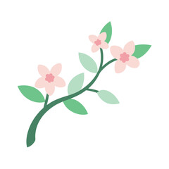 Simple Floral Branch Illustration with Pink Blossoms and Green Leaves
