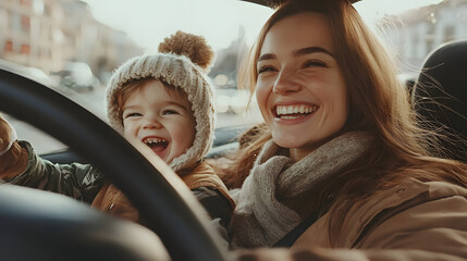 Young happy mother with driving a car with her laughing son.