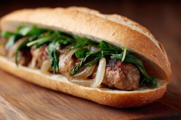 Succulent meatball hoagie crowned with wilted greens and caramelized onions, invoking National Sandwich Day and Italian-American feasts