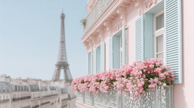 Blush pink florals cascade beside vintage shutters with Eiffel Tower basking, perfect for Bastille Day or Parisian love stories - Powered by Adobe