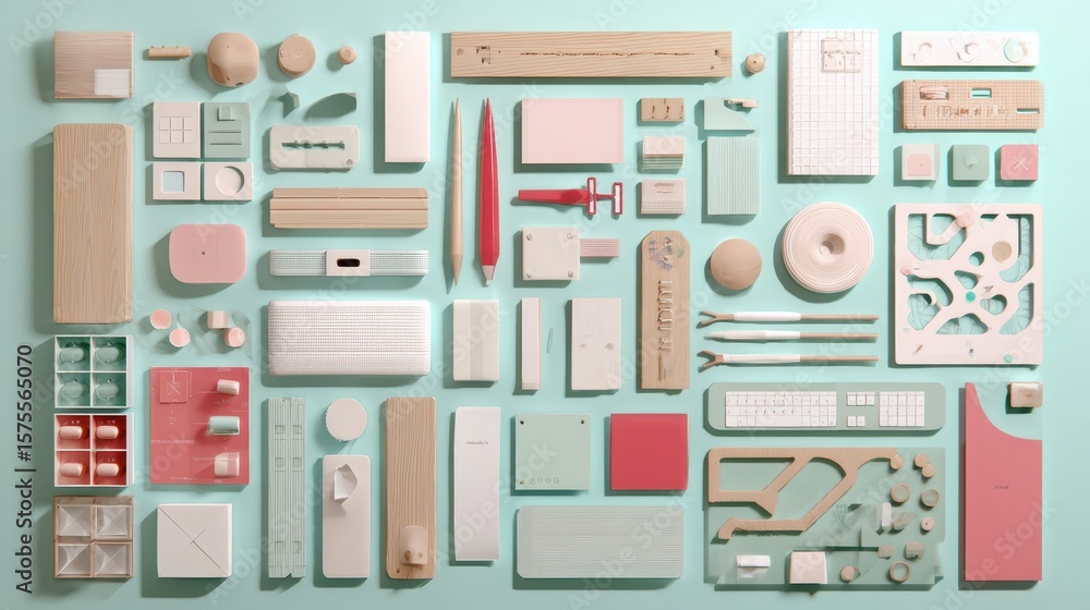 Aufkleber colorful collection of assorted objects arranged on a light teal surface.