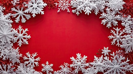 Red Snowflake Frame with Intricate Patterns Surrounding White Center Space on Festive Winter Holiday Background
