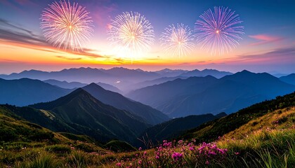 Fireworks burst over mountain range at sunrise